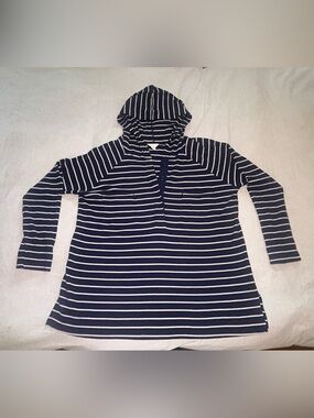 Caslon Navy White Striped Hooded Knit Nautical Tunic Large Coastal Preppy